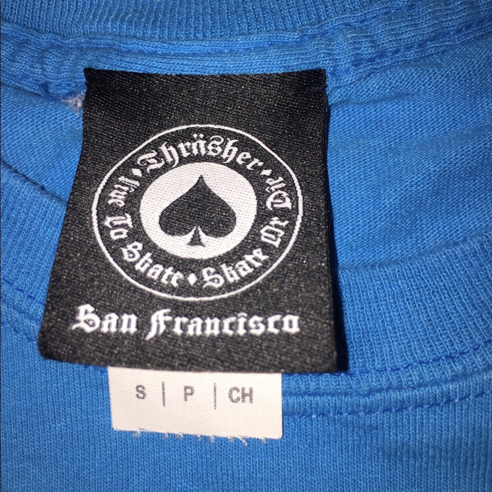 Blue thrasher t-shirt with bag and sticker